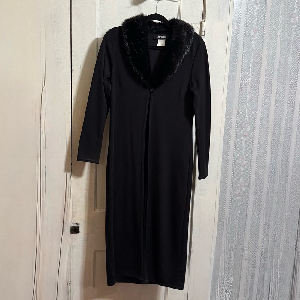 A-List Long Black Coat with Faux Fur Collar
